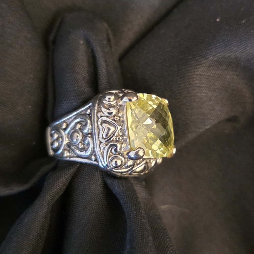 Silver Tone Yellow Stone Statement Cocktail Ring Size 6
